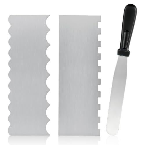 Cake Scraper Set 3PCS, Stainless Steel Flat Convex Wave with Icing Spatula