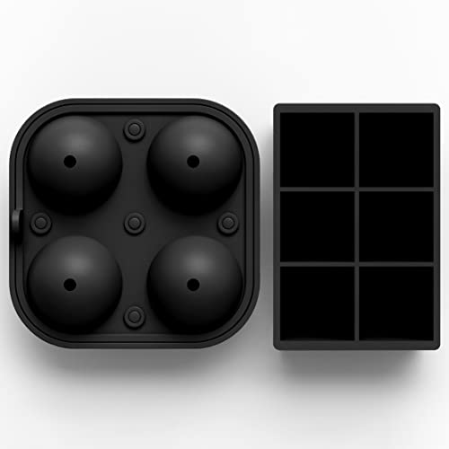 Silicone Ice Cube Trays, 2 Inch Square Ice Molds & Sphere Combo, BPA Free - color: Large 6+4 (Black)