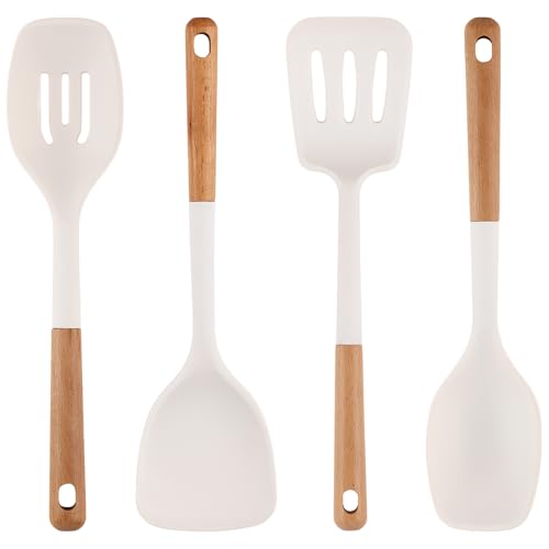 Silicone Kitchen Utensils Set of 4, Large Non-Stick Cooking Utensil Set w Wooden Handle Food Grade Heat Resistance Turner Spoon Silicone Cooking Kitchen Gadgets BPA Free for Nonstick Cookware - color: White, size: Large 4-Piece Set