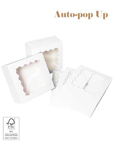 qiqee Auto-pop up 6x6x3 Inch White Cookie Box with Window 30Pcs Pastry Macaron Bakery Box for Packaging - color: 6x6x3, 30Pcs,White