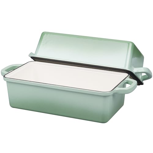 VORRINGARD Enameled Cast Iron Loaf Pan with Lid, Double Bread pan, Bread Dutch Oven for Sourdough Bread Baking, Cake, Meatloaf, 10X5.5 inch, 4 Quart, Green - color: Green