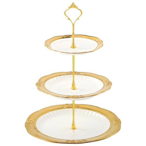 Kochorie 3 Tier Round Ceramic Cupcake Stand Gold Rim White Serving Tray - style: Round
