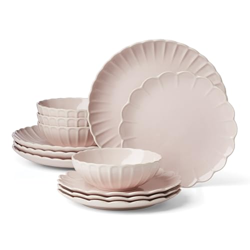 Lenox French Perle Scallop Blush Stoneware 12-Piece Dinnerware Set for 4 - color: Blush, style: 12-Piece Dinnerware Set