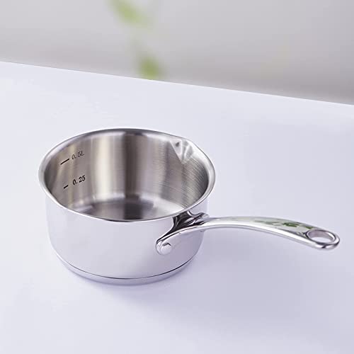 DEAYOU 18/10 Stainless Steel Butter Warmer Measuring Pan, 0.5-Quart Milk Warmer Pot with Dual Pour Spouts, 17OZ Small Sauce Pan for Stove Top, Chocolate Melting, Coffee Tea Soup Warming