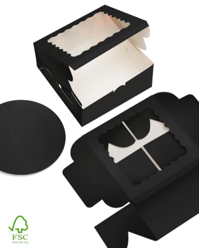qiqee 10x10x5 Cake Box, 18 Sets Black Cake Box with Window ＆ 18 Sets 10" Black Cake Round Boards, 10inch Cake Containers - color: Black, size: 18 Sets /10x10x5