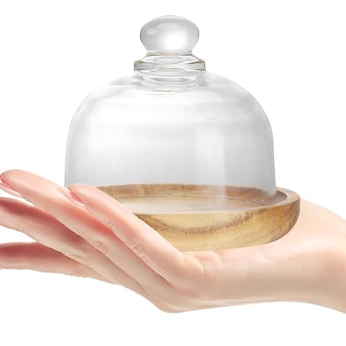 Luxshiny Cake Stand with Dome Lid: 10.5cm/4.13inch Mini Cake Stand with Lid Wooden Tray for Butter Pastries Cookies Fruits Dessert Display Plate for Wedding Birthday Parties