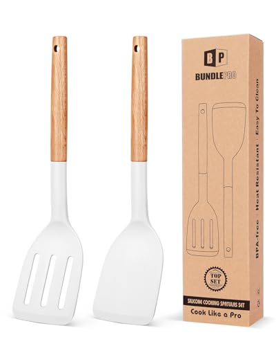 BUNDLEPRO Silicone Spatula, Solid & Slotted Turner, BPA-Free, 2 Pack, White - color: White