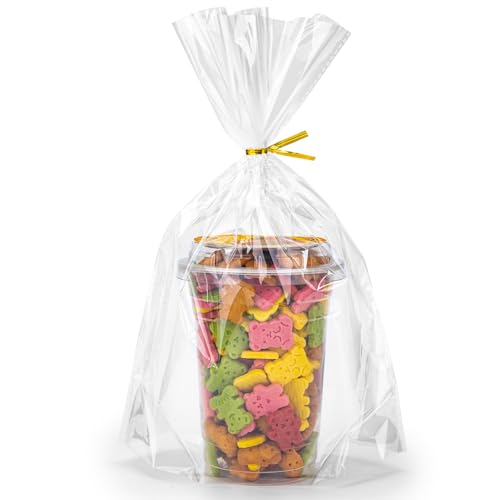 50Pcs Clear Cellophane Bags with Gold Twist Ties, Flat Bottom - size: 9.8X14 Inch(Pack of 50)