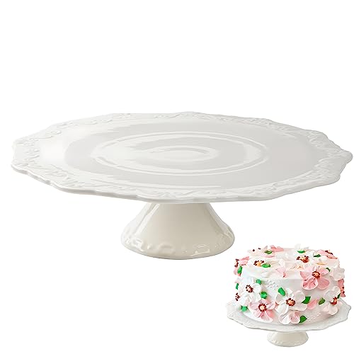 10 Inch White Ceramic Cake Stand (Holds 10 Inch Cake), Decorative Cupcake Stand, Dessert Display Plates for Snacks and Cookies, Baby Shower, Birthday, Wedding Party Decor