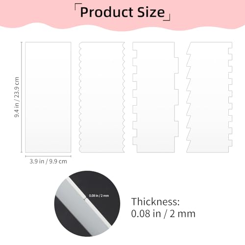 4 Pcs Clear Acrylic Cake Scraper Set, Large Cake Smoother for Icing, Cake Stripes Edge Contour Comb, Buttercream Frosting Decorating Tools with 7 Different Patterns for DIY Kitchen Baking