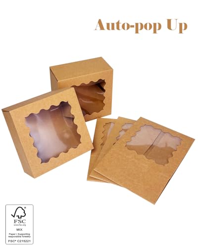qiqee Auto-pop up Cookie Box with Window, Brown, 6"x6"x3" 30Pcs - color: 6x6x3, 30Pcs,Brown