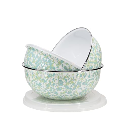 Golden Rabbit Enamelware Nested Mixing Bowls with Lids, Set of 3, Jardin Swirl - color: Jardin Swirl