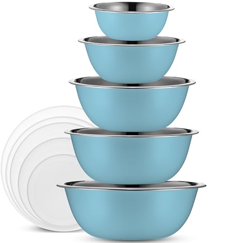 10-Piece Stainless Steel Mixing Bowl Set with Lids for Food Prep & Storage - color: Light Blue Bowls - With White Lids