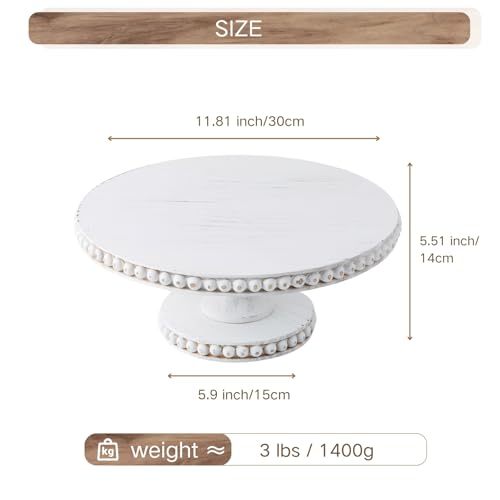 Rustic 12 Inch Round White Wood Cake Stand, Pedestal for Wedding