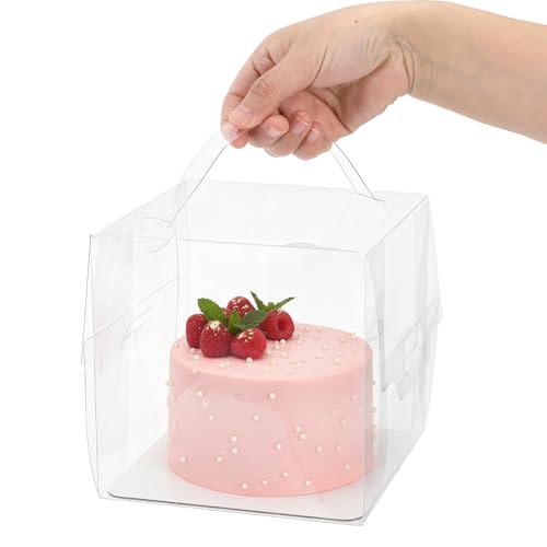 Lawei 50 Pack Clear Cake Boxes with Handles, 6x6x6 Inch Square Transparent Bakery Box for 4-5 Inch Mini Cakes, Pastries, Donut, Treat Boxes, Gift Packaging Display Box for Wedding, Birthday, Party