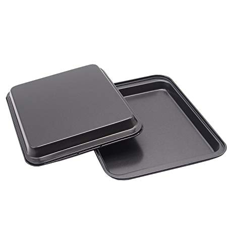 Small Baking Sheet Nonstick 9.45 X 7.09 Inch (Inner 7.5x6), 8 Inch Mini Cookie Tray Toaster Conventional Oven Pan No Warp No Rust Magnetic Bakeware for 1 to 2 person 2 Pack - size: 9.5x7 inch Black