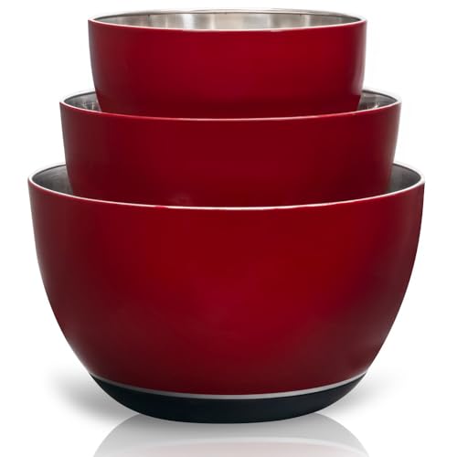 WHYSKO Stainless Steel Mixing Bowls Set, 3-Piece with Silicone Base - color: Red
