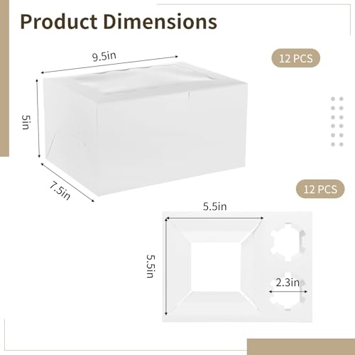 Homaisson 12 PCS Bento Cake Box with Cupcakes, White Packaging Boxes for Cupcakes, Mini Cakes, and Egg Tarts, Includes Clear Window, Ideal for Gifts and Bakery Packaging