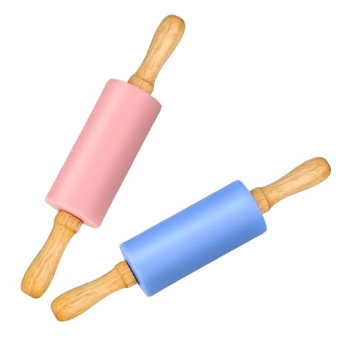 Mini Silicone Rolling Pin for Kids, Non-stick Surface Wood Handle, 9 Inch 2 Pack - color: Blue-Pink, size: 2 PACK