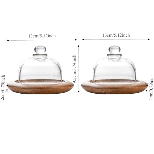 Acacia Wood Small Dessert Plates, 5.1 in Diameter x 3.74 in Height, 2-Pack with Transparent Glass Domes and Flat Bases, for Individual Dessert Display, Wedding Receptions, Birthdays, and Afternoon Tea - color: Two 5.1-inch mini Acaciawood dessert cups