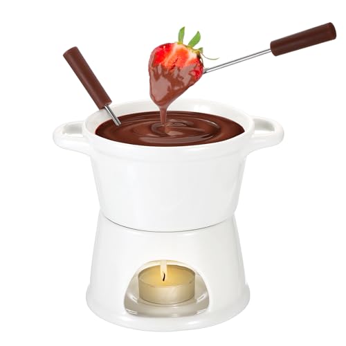 BSTKEY 300ML Ceramic Butter Warmer Set with 2 Forks, White Fondue Pot Melting Pot Set, Melt Hot Pot Bowl Set for Cheese Chocolate Butter Caramel - color: White