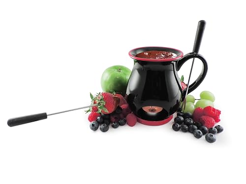 Swissmar Indulge 4-Piece Chocolate Fondue Set Black Ceramic Mug with Tea Light Warmer & Forks, Mini Chocolate Melting Pot for Dessert, Date Nights, Parties & Entertaining - color: Black/Red