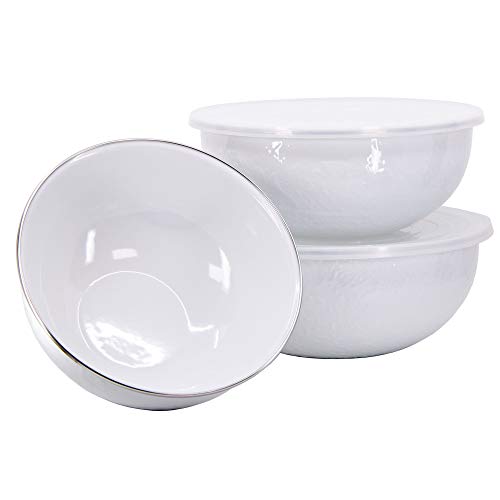 Golden Rabbit Enamelware Nested Mixing Bowls with Lids, Set of 3, Solid White Textured - color: Solid White Textured