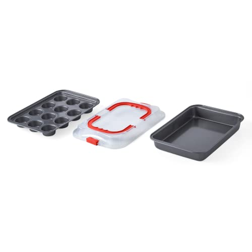 Nifty Solutions Cake Pan & Muffin Pan with Lid, 2 Piece Baking Pans Set - 9 x 13 Cake Pan & 12-Cup Muffin Pan, Non-Stick Pans, Kitchen Bakeware, Dishwasher Safe - style: Baking Pan with Lid