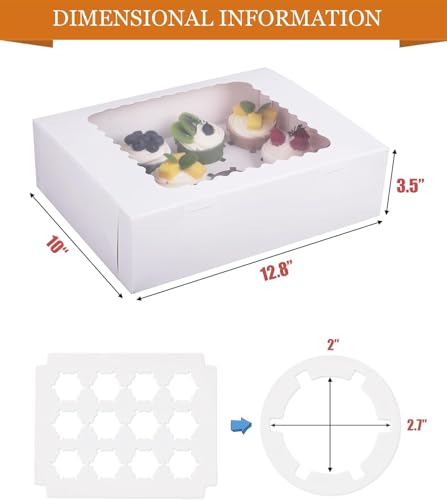 12-Set Cupcake Boxes Hold 12 Standard Cupcakes, Food Grade Cupcake Holders Bakery Carrier Boxes with Windows and Inserts for Cupcakes, Muffins and Pastries (White-12 Pack) - color: White-12 Pack