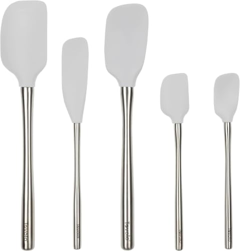 Tovolo Stainless Steel Handled Silicone Spatula Set of 5 Oyster Gray, Dishwasher Safe Kitchen Spatula Set for Cooking Baking, Non Toxic BPA Free Silicone Spatula set with Metal Steel Handle - color: Oyster Gray, style: Stainless Steel Handle