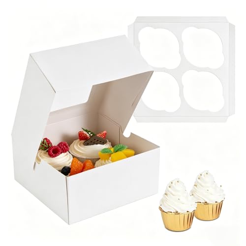 Jotique 4 count White Cupcake Boxes with Window, 6 Sets 6x6x3 Inch - color: white