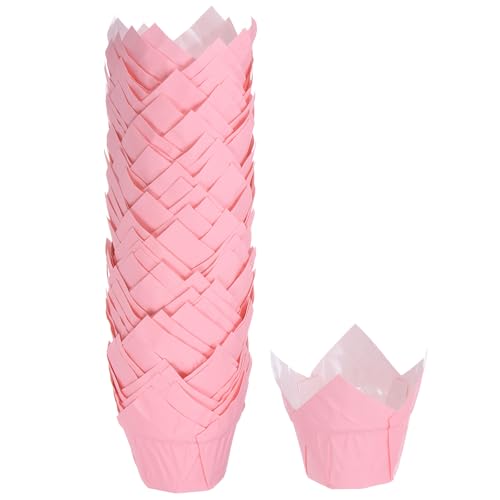 HARFINGTON 50pcs Tulip Cupcake Liners Greaseproof Baking Cups Paper Cupcake Wrappers Holders for Parties Weddings Birthdays, Pink - color: Pink