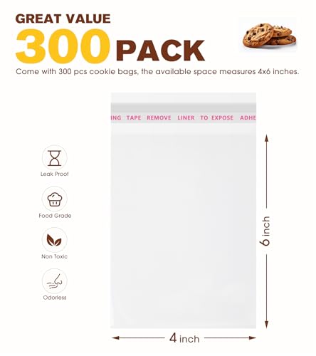 300 Pcs Cookie Bags with Seal, 4x6 Inches Self Sealing Cellophane Bags, Clear Cookie Bag Resealable Treat Bags for Packaging Cookies, Candy, Gifts, Favors, 3 Mils Individual Self Adhesive Wrappers - size: 4x6 Inch (Pack of 300)