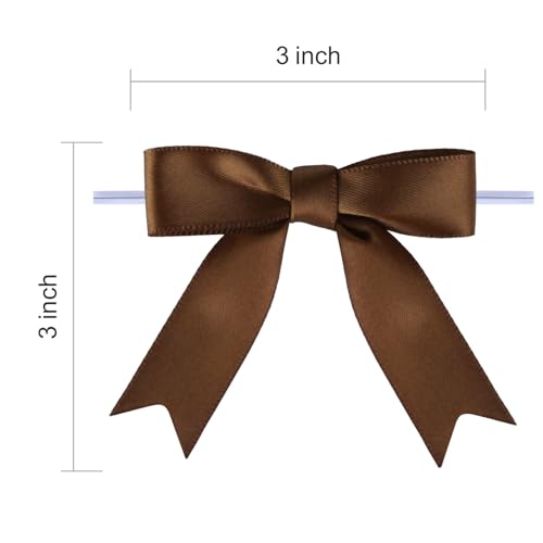 Meseey 50 Pcs 3 Inches Twist Tie Satin Ribbon Bows Brown Pretied Premade Craft Bows for Treat Bags Gift Wrapping Basket Wedding Baby Shower Brithday Christmas Party (3", Brown) - color: Brown