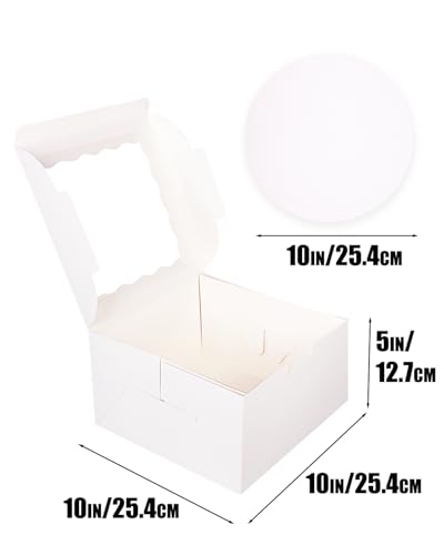 qiqee 10"x10"x5" Cake Box, 60 Sets White Cake Box with Window ＆ 60 Sets 10" White Cake Round Boards, for Cake, Treat Cookie Dessert, Pastry, Birthday Party, Weddings, 3 rolls of pink ribbons - color: White, size: 10"x10"x5", 60Pcs