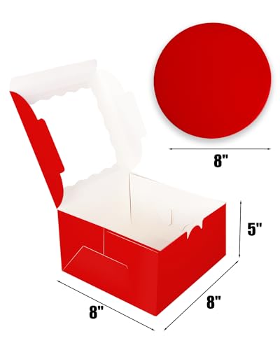 qiqee 8x8x5 Cake Box, 18 Sets Red Cake Box with Window ＆ 18 Sets 8" Red Cake Round Boards, 8inch Cake Containers - color: Red, size: 18 Sets /8x8x5