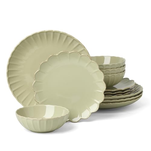 Lenox French Perle Scallop Matcha Stoneware 12-Piece Dinnerware Set for 4 - color: Matcha, style: 12 Piece Dinnerware