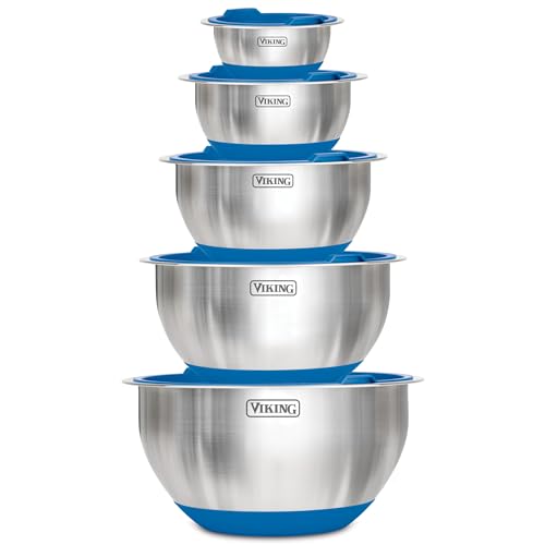 Viking Mixing Bowls Set, 10 Piece Stainless Steel Kitchen Cookware, Non-Slip Silicone Base, Includes Tight Fit Lids, Dishwasher Safe, Blue - color: Blue