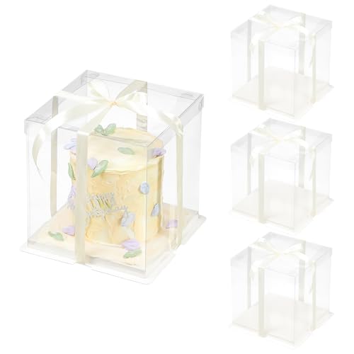 3 Pcs Clear Gift Box with Ribbon 2-Layer 8.5x8.5x9 Inch, Transparent Cake Carrier Box with Lids, PET Tall Cake Packaging Boxes, Clear Gift Boxes for Birthday,Wedding and Festival Party - size: 8.5*8.5*9 in