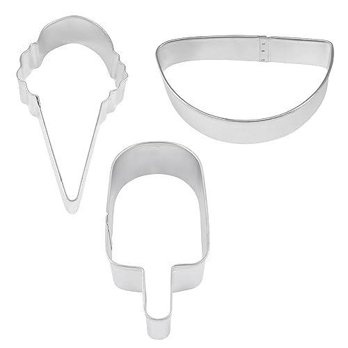 R&M Summer Treats 3-Piece Cookie Cutter Set – 4" Ice Cream Cone, 3.5" Half Circle & 3.75" Popsicle - Summertime Baking Tools for Cookies, Fondant & Crafts