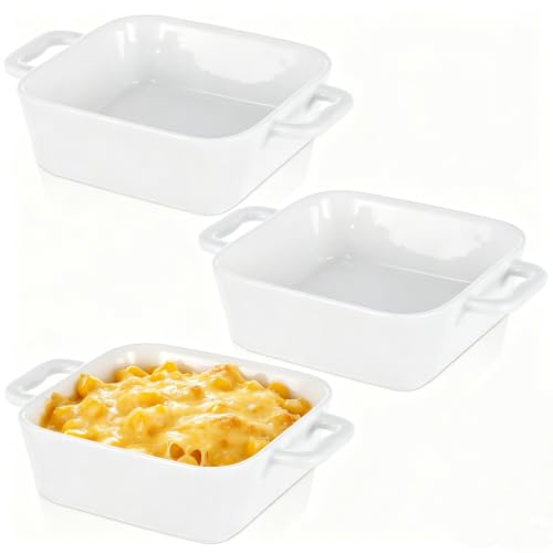 6 Inch Small Baking Dish, 17oz Individual Casserole Dishes with Handles, Deep Non Slip Base Stackable Bowls, Square Ceramic Baking Ramekins for Kitchen, Roasting & Meal Prep, Set of 3
