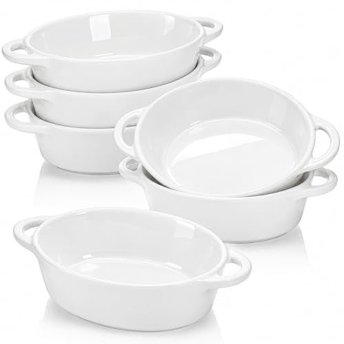 Foraineam 6-Pack Oval Porcelain Ramekins, 10 Ounce Ceramic Creme Brulee Souffle Baking Ramekin Dishes Bowl with Double Handles, Dishwasher and Oven Safe