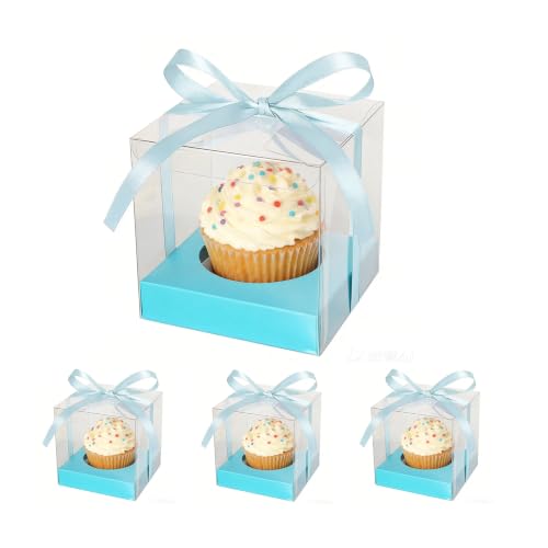 50Pcs 3.5inch Individual Cupcake Boxes with Ribbon, Clear Single Cupcake Containers (Blue) - color: Blue, size: 50pcs