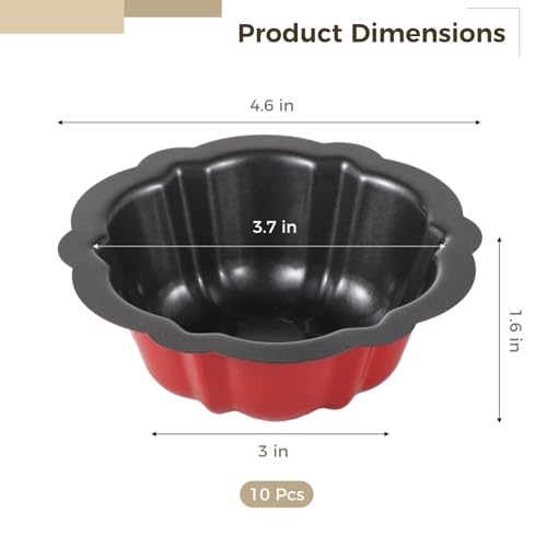 Homaisson 10PCS Mini Fluted Tube Pan, 4.5Inch Carbon Steel Mini Cake Molds, Nonstick Reusable Oven Baking Mold for Cupcake, Bread, Bavarois, Brownie (red) - color: 10+red