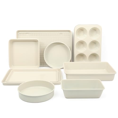 Martha Stewart Gallen 10 Piece Baking Pans Ceramic PFA Free Non Toxic Non Stick Bakeware Set - Linen White - color: Linen White