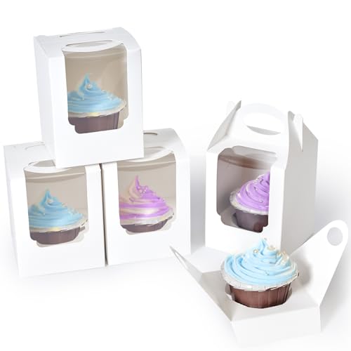 Cupcake Boxes 50 pcs, Individual Cupcake Containers White with Window Insert and Handle, Pastry Box Single Muffins Holder Disposable for Bakery Wrapping Party Favor Packaging - color: White, size: 50
