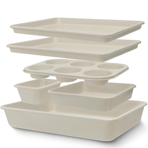 Baking Pans Set, Nonstick Bakeware Sets, Oven Pans for Cooking, AIVIKI 6 Pieces Baking Set Including Cookie Sheet, Deep Roaster Pan, Square Pan, Loaf Pan, Muffin Pan, Carbon Steel Baking Set - color: Cream White