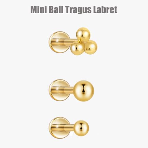 20G/18G/16G Titanium Flat Back Earrings, Threadless Nose Stud Tiny Stud Earrings, Cartilage Tragus Piercing Jewelry Conch Helix Stud - color: Dot (gold 3pcs), size: 20ga(0.8mm)