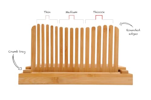 Bamboo Bread Slicer with Crumb Tray Bamboo Bread Cutter for Homemade Bread, Loaf Cakes, Bagels Slicer, 3 Slice Sizes, Adjustable, Compact, Foldable