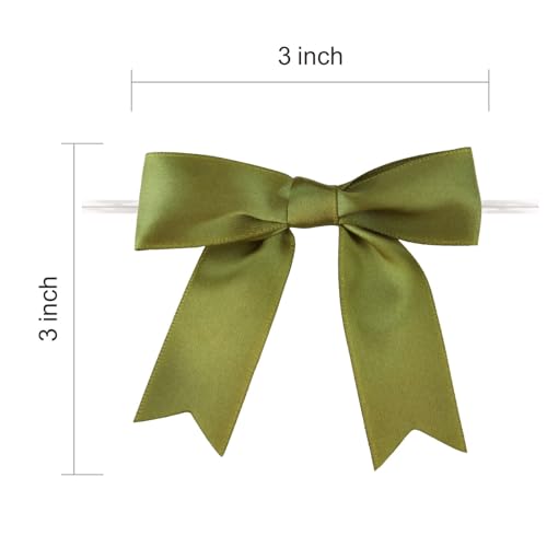 Meseey 50 Pcs 3 Inches Twist Tie Satin Ribbon Bows Moss Green Pretied Premade Craft Bows for Treat Bags Gift Wrapping Basket Wedding Baby Shower Brithday Christmas Party (3", Moss Green) - color: Moss Green
